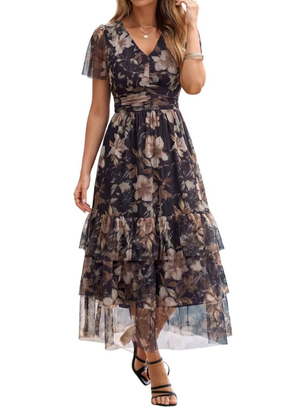 Floral Maxi Dress for Women - V Neck, Short Sleeve, Boho, Ruffle Tiered Summer